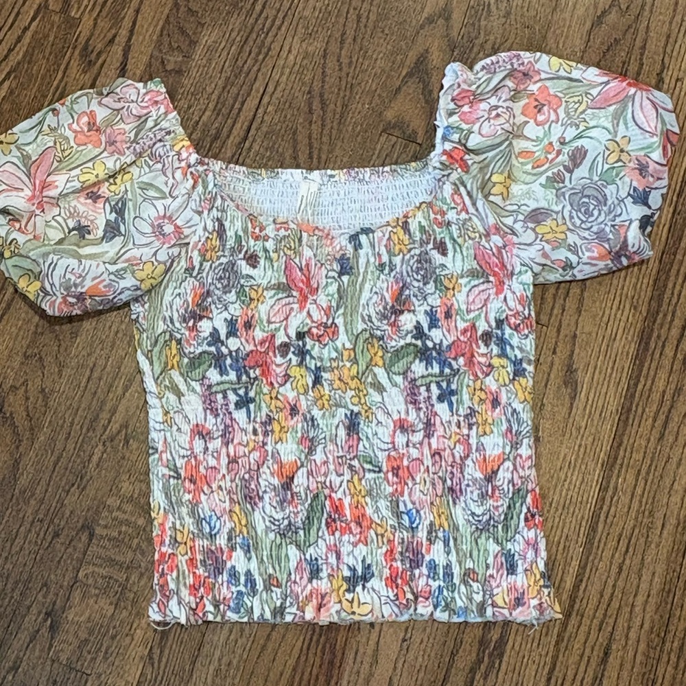 Anthropologie Pink Smocked Blouse with Puff Sleeves and Flutter Neckline